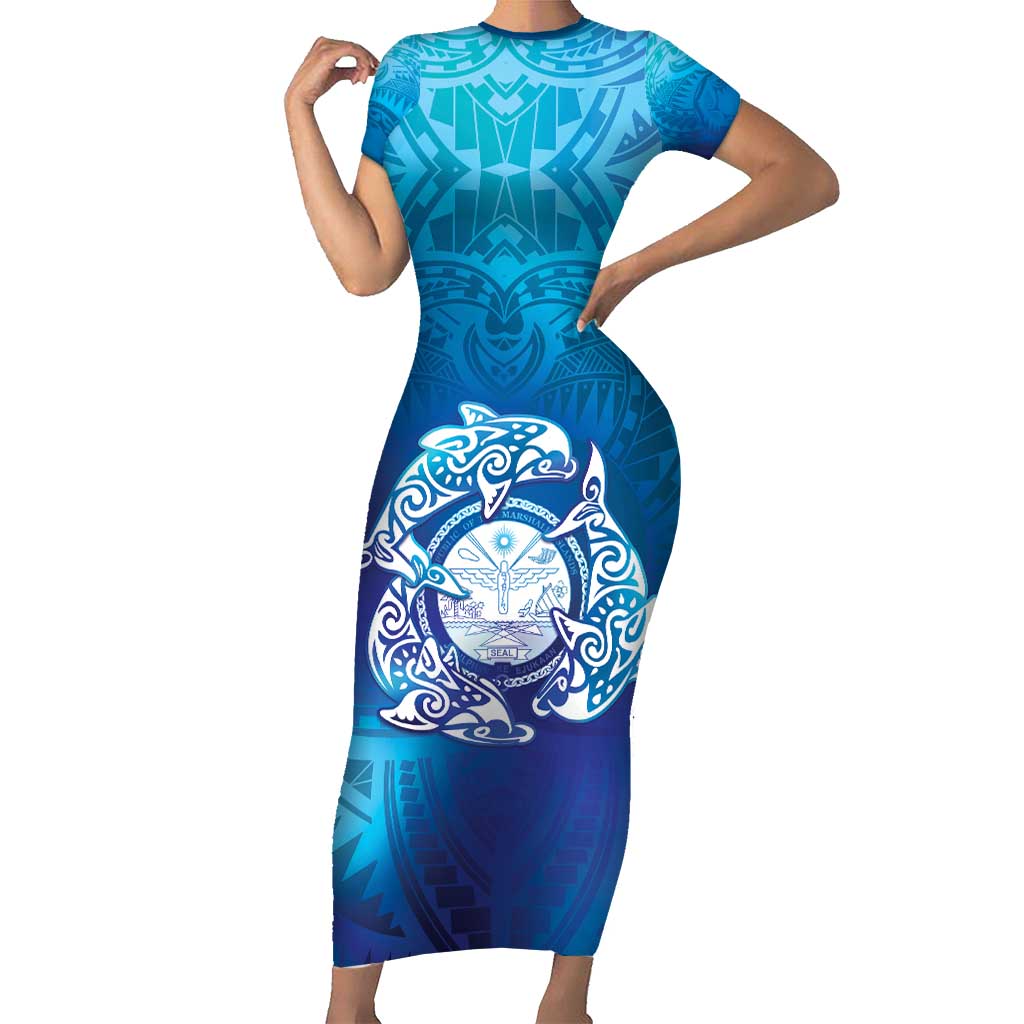 Marshall Islands Manit Day Family Matching Short Sleeve Bodycon Dress and Hawaiian Shirt Tribal Dolphin With Marshall Seal - Polynesian Pride