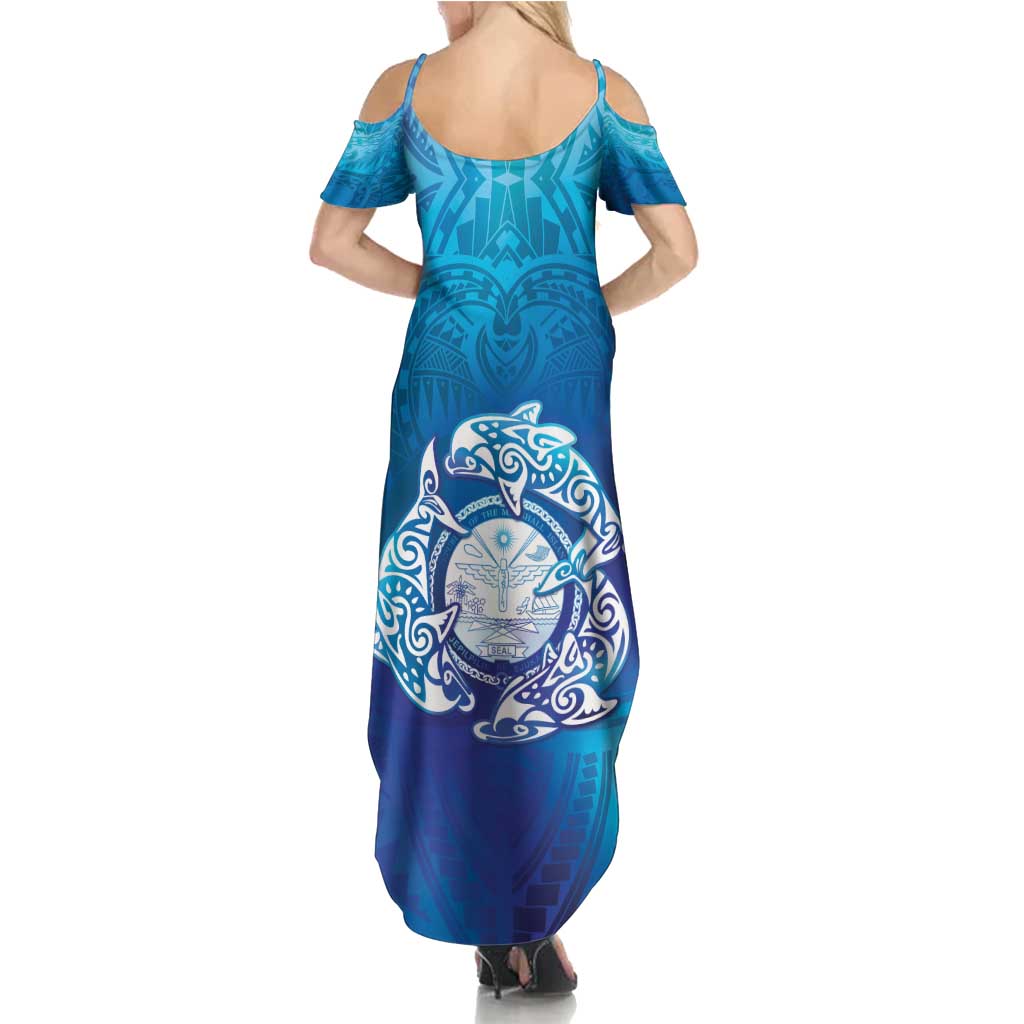 Marshall Islands Manit Day Family Matching Summer Maxi Dress and Hawaiian Shirt Tribal Dolphin With Marshall Seal - Polynesian Pride