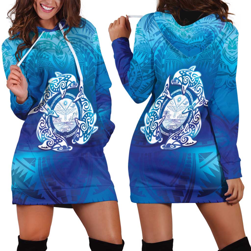 Marshall Islands Manit Day Hoodie Dress Tribal Dolphin With Marshall Seal - Polynesian Pride