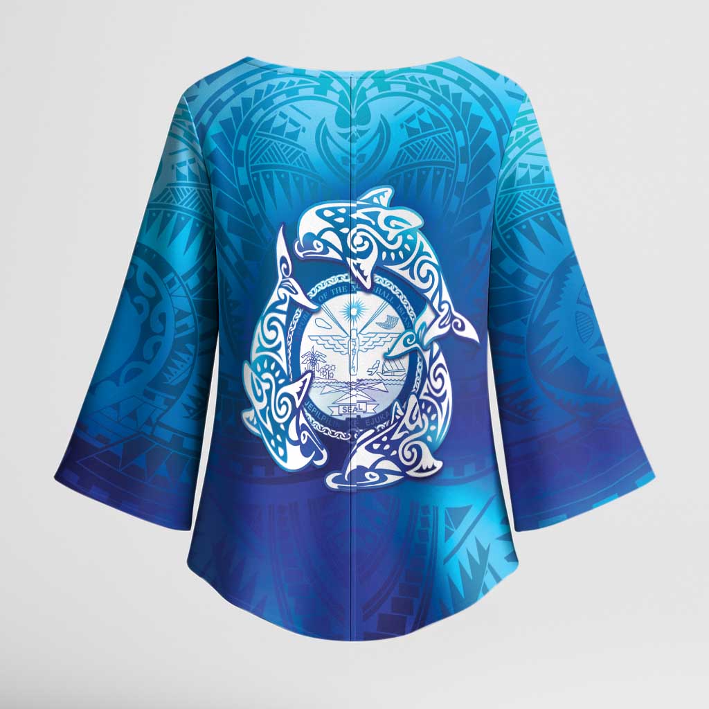 Marshall Islands Manit Day Kimono Sleeve Blouse Tribal Dolphin With Marshall Seal - Polynesian Pride