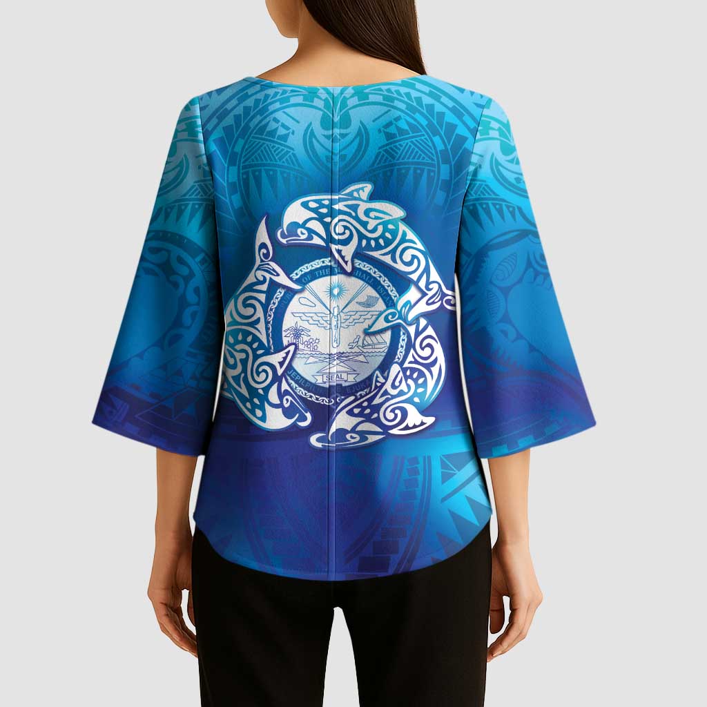 Marshall Islands Manit Day Kimono Sleeve Blouse Tribal Dolphin With Marshall Seal - Polynesian Pride