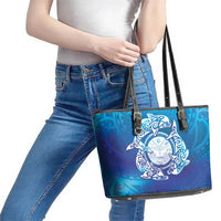 Marshall Islands Manit Day Leather Tote Bag Tribal Dolphin With Marshall Seal - Polynesian Pride