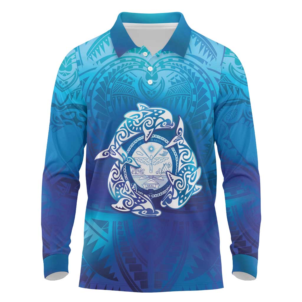 Marshall Islands Manit Day Long Sleeve Polo Shirt Tribal Dolphin With Marshall Seal - Polynesian Pride