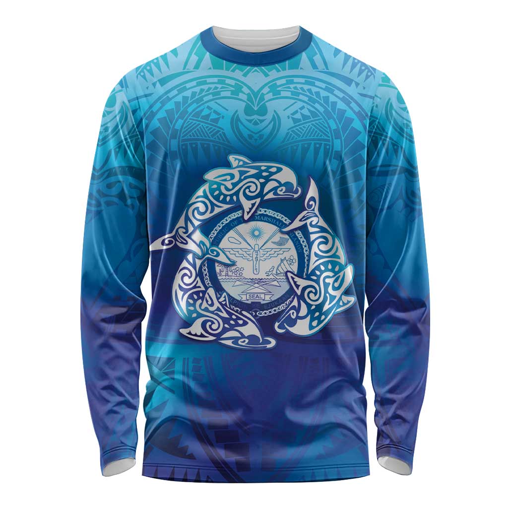 Marshall Islands Manit Day Long Sleeve Shirt Tribal Dolphin With Marshall Seal - Polynesian Pride