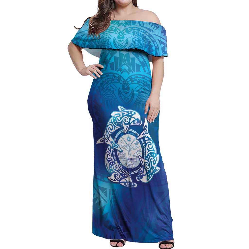Marshall Islands Manit Day Off Shoulder Maxi Dress Tribal Dolphin With Marshall Seal - Polynesian Pride