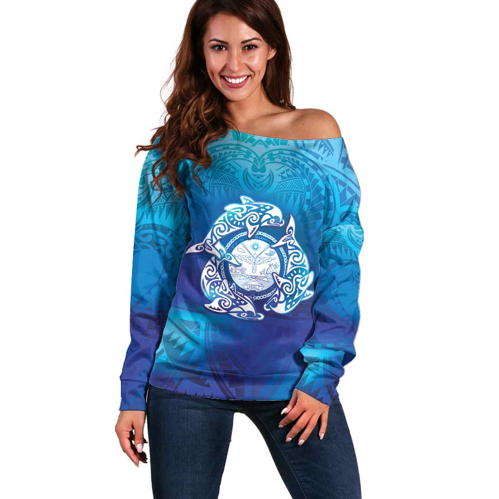 Marshall Islands Manit Day Off Shoulder Sweater Tribal Dolphin With Marshall Seal - Polynesian Pride