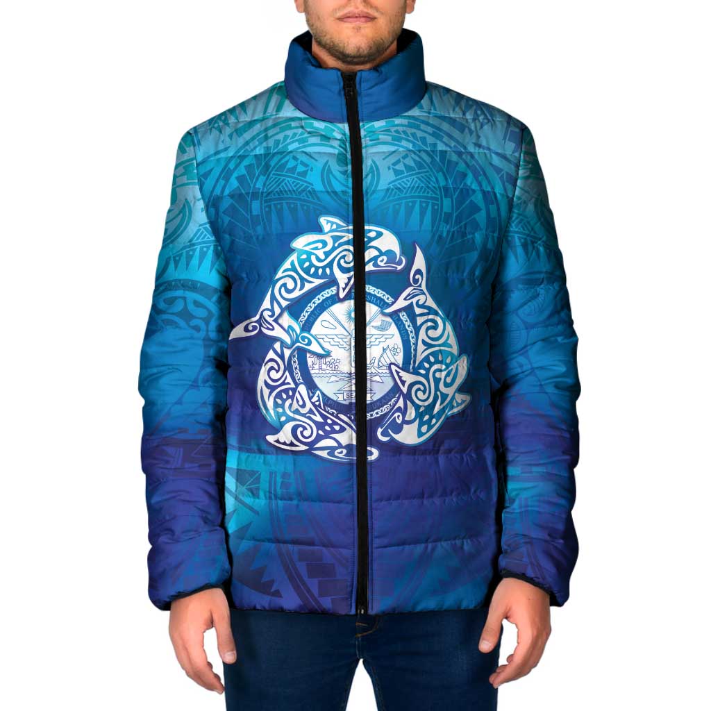 Marshall Islands Manit Day Padded Jacket Tribal Dolphin With Marshall Seal - Polynesian Pride