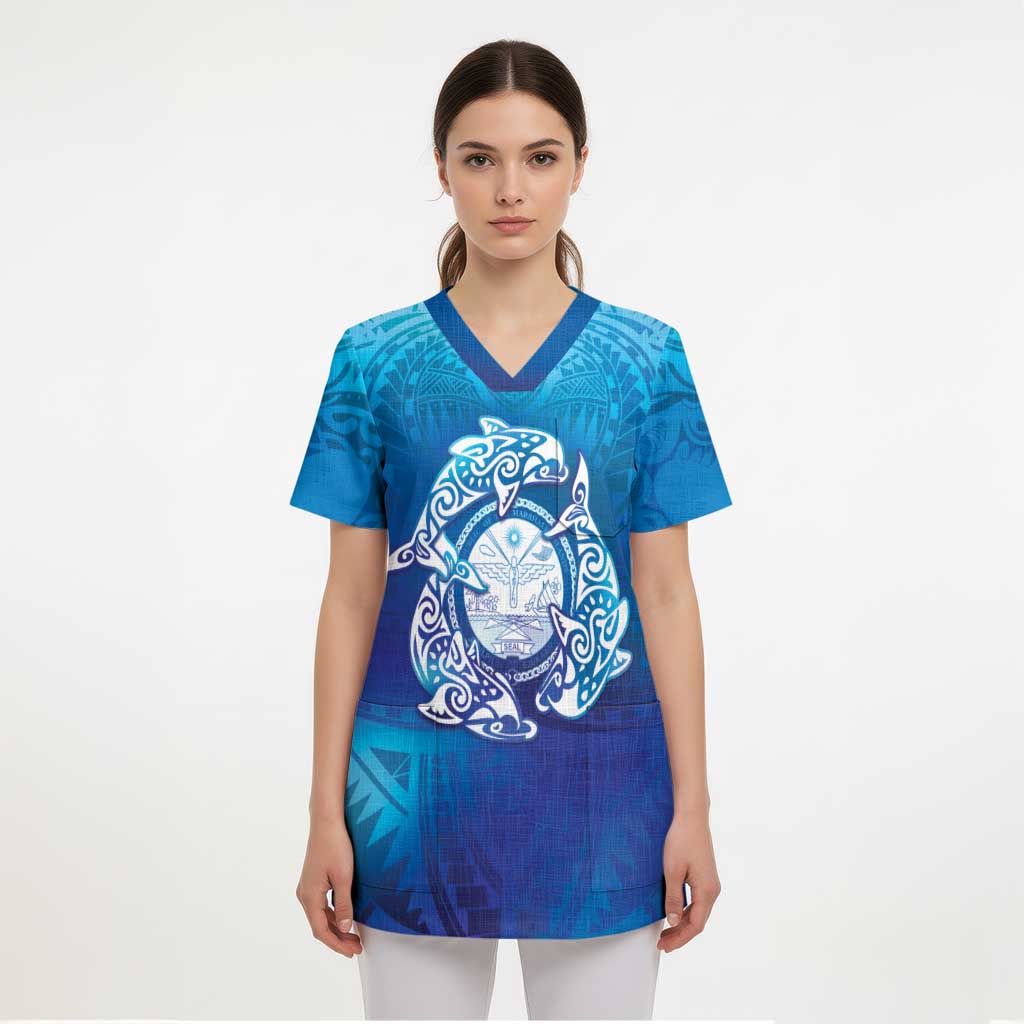 Marshall Islands Manit Day Scrub Top Tribal Dolphin With Marshall Seal - Polynesian Pride