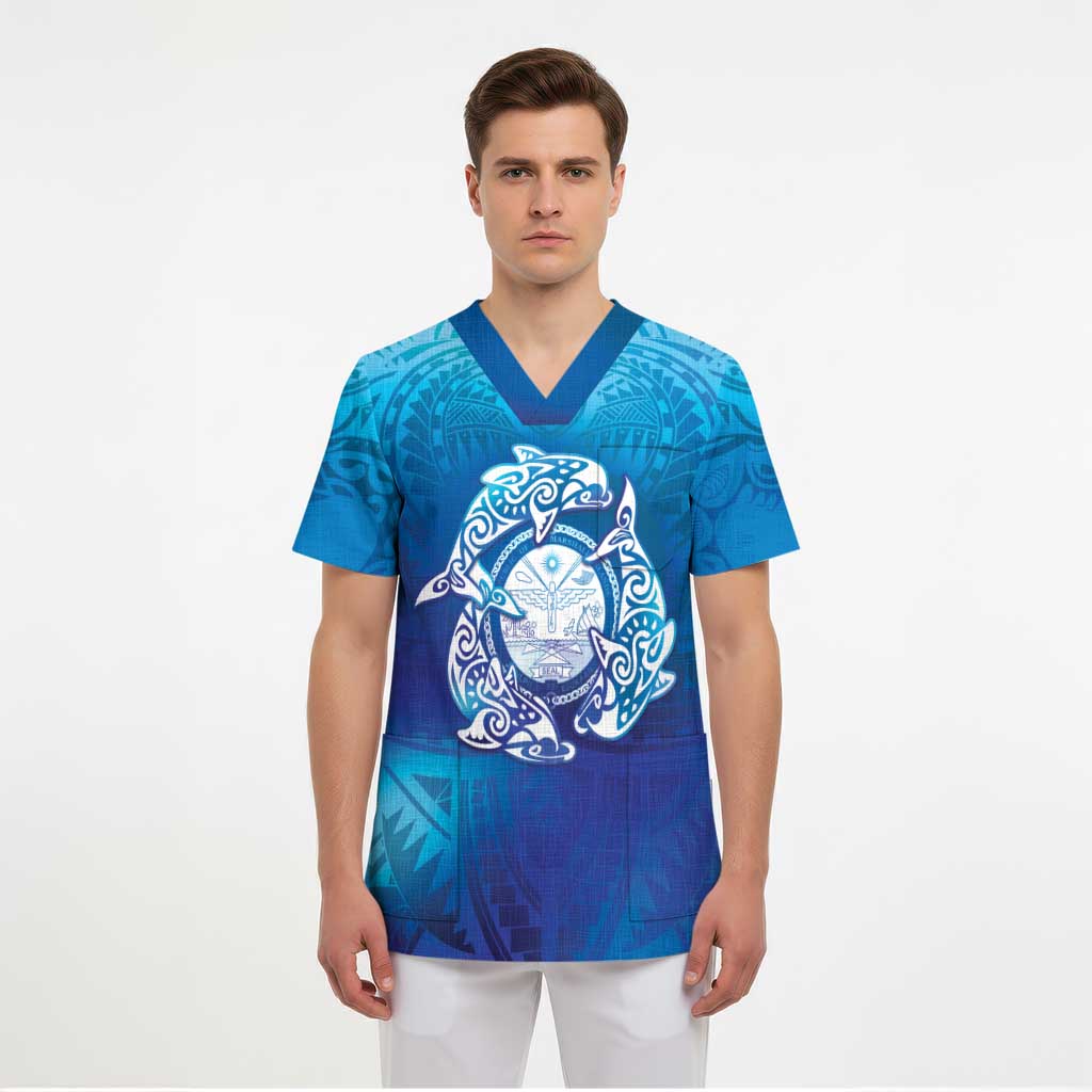 Marshall Islands Manit Day Scrub Top Tribal Dolphin With Marshall Seal - Polynesian Pride