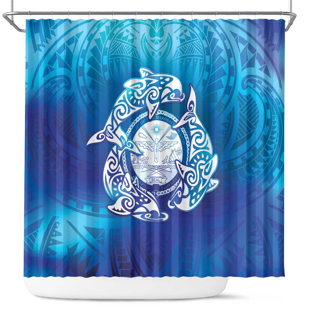 Marshall Islands Manit Day Shower Curtain Tribal Dolphin With Marshall Seal - Polynesian Pride