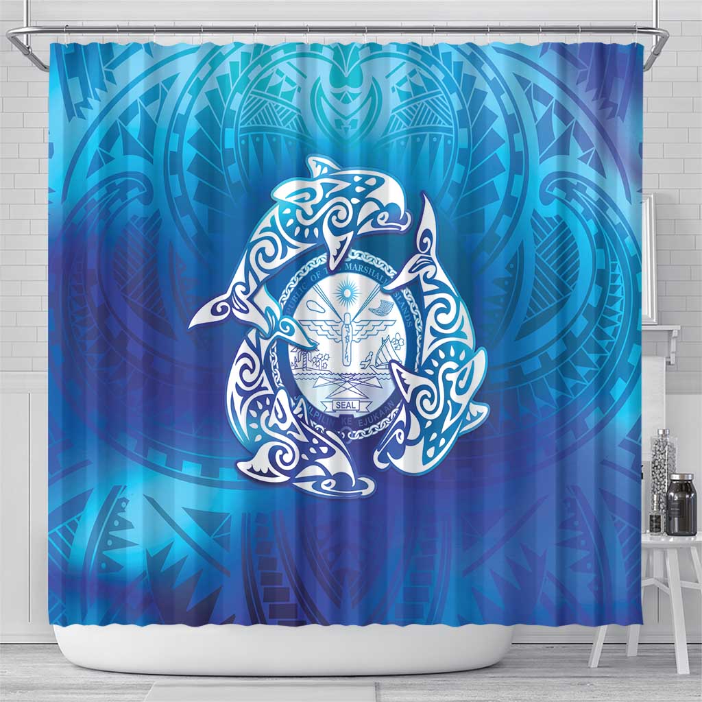 Marshall Islands Manit Day Shower Curtain Tribal Dolphin With Marshall Seal - Polynesian Pride