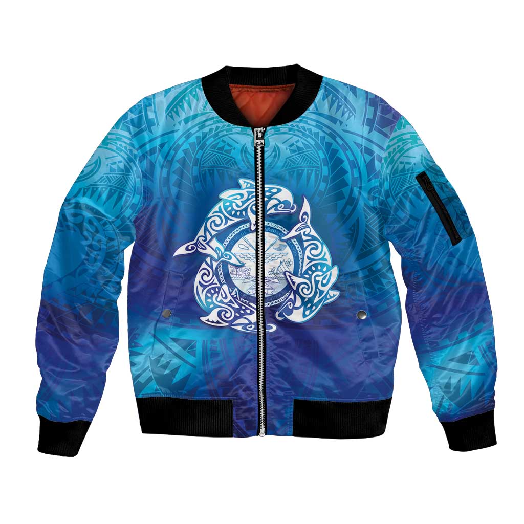Marshall Islands Manit Day Sleeve Zip Bomber Jacket Tribal Dolphin With Marshall Seal - Polynesian Pride