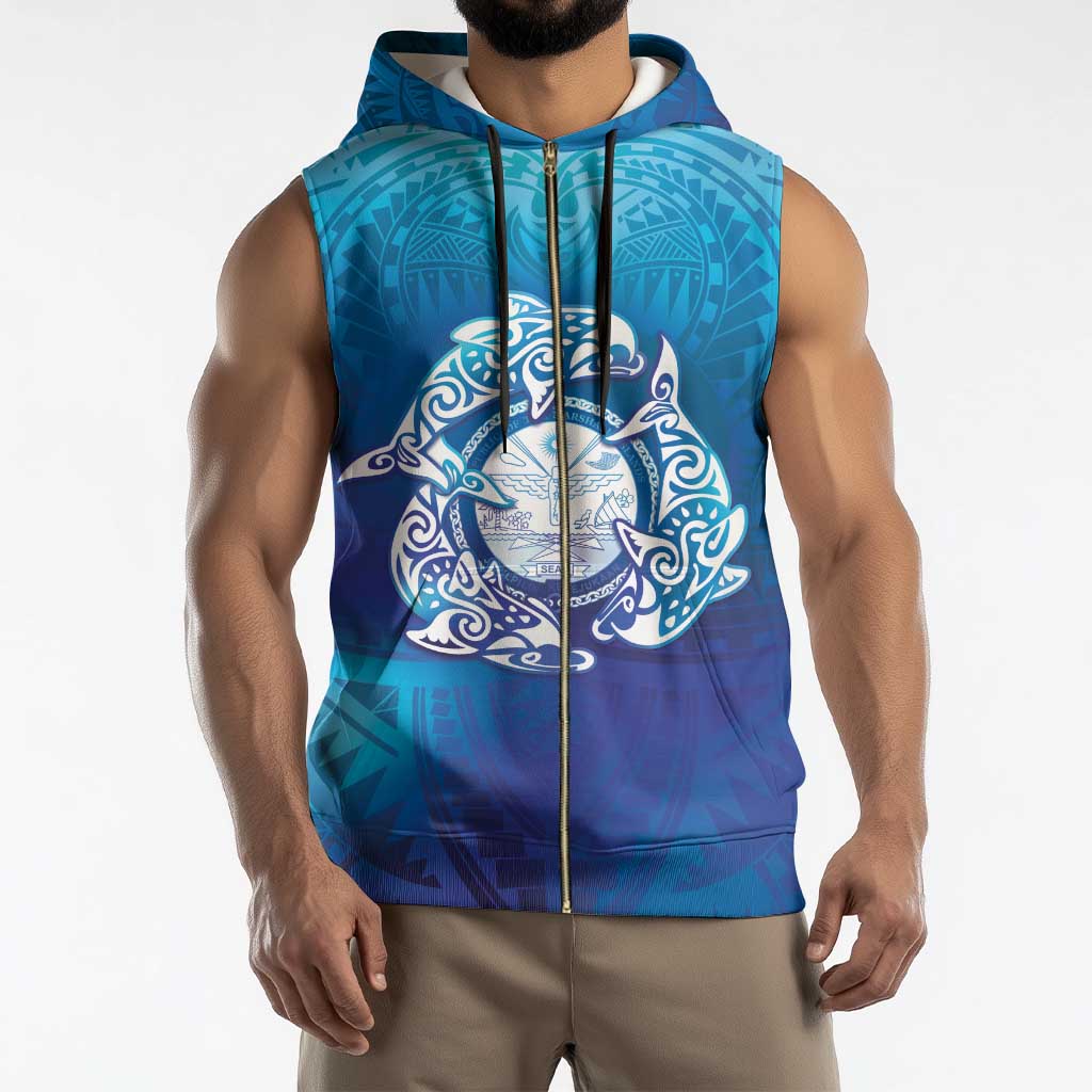 Marshall Islands Manit Day Sleeveless Zip Hoodie Tribal Dolphin With Marshall Seal - Polynesian Pride