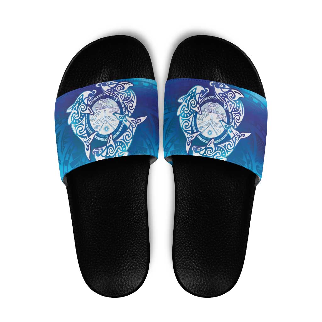 Marshall Islands Manit Day Slide Sandals Tribal Dolphin With Marshall Seal - Polynesian Pride