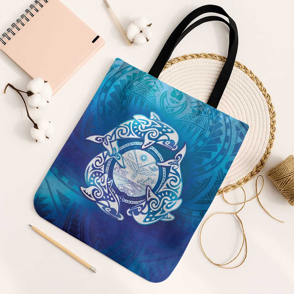 Marshall Islands Manit Day Tote Bag Tribal Dolphin With Marshall Seal - Polynesian Pride