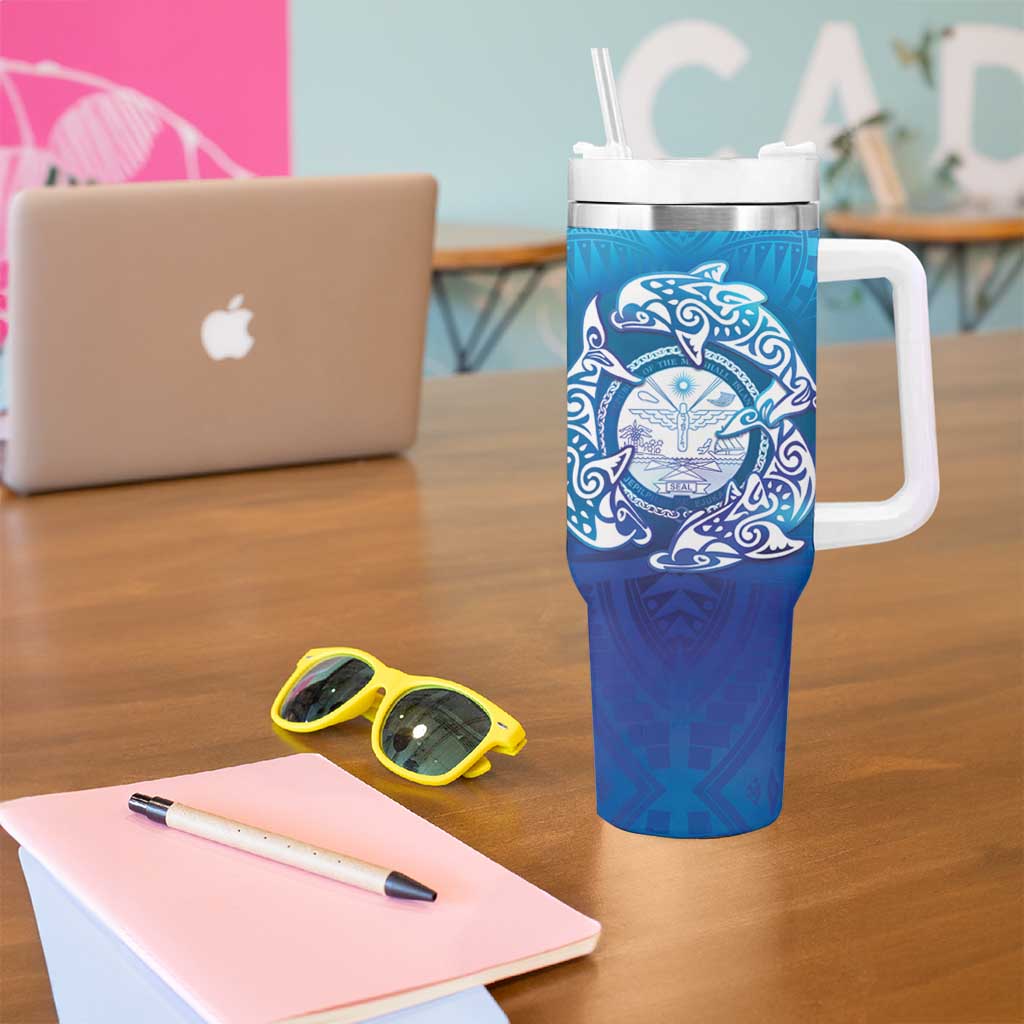 Marshall Islands Manit Day Tumbler With Handle Tribal Dolphin With Marshall Seal - Polynesian Pride