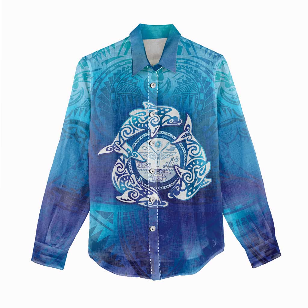 Marshall Islands Manit Day Women Casual Shirt Tribal Dolphin With Marshall Seal - Polynesian Pride