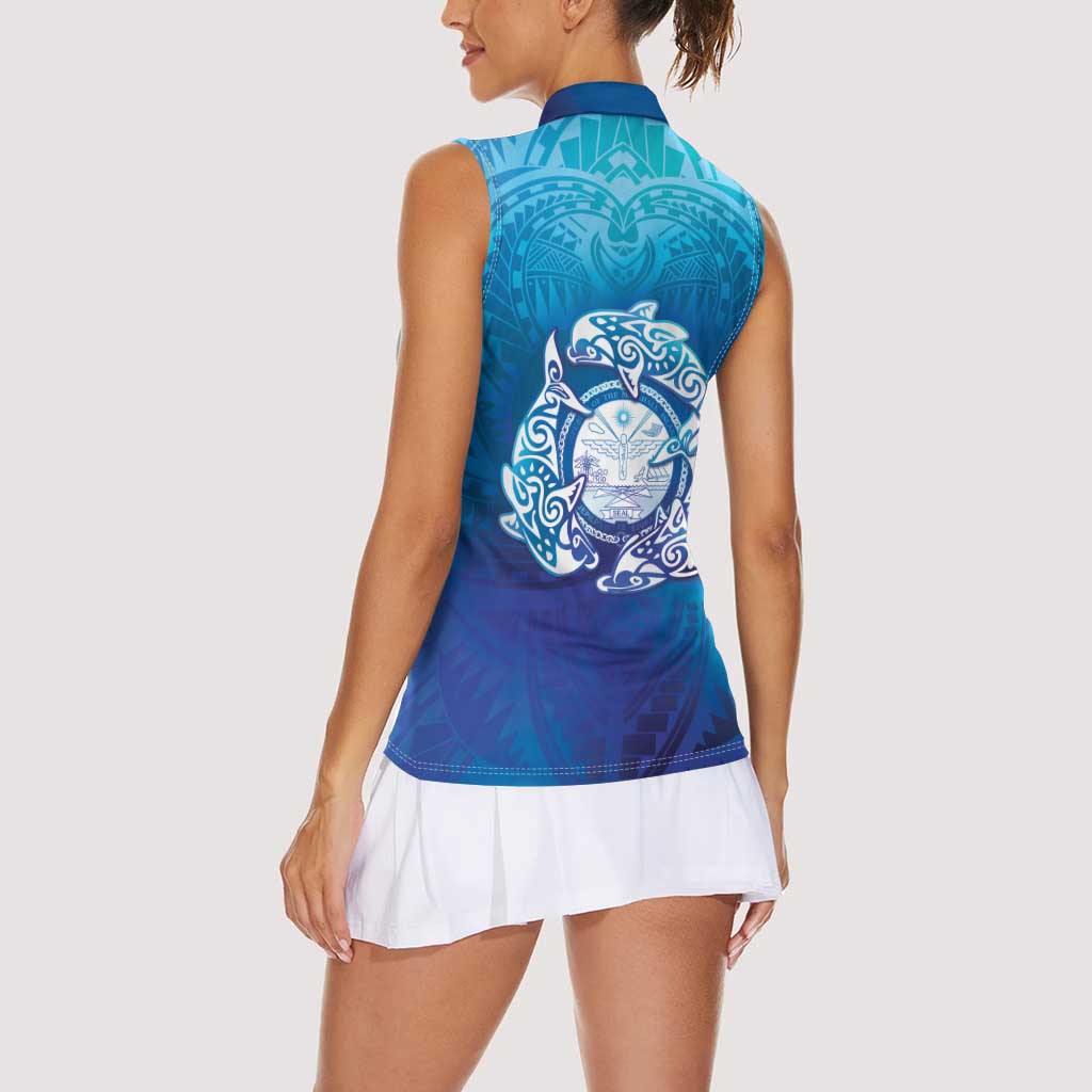 Marshall Islands Manit Day Women Sleeveless Polo Shirt Tribal Dolphin With Marshall Seal - Polynesian Pride