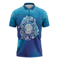 Marshall Islands Manit Day Zipper Polo Shirt Tribal Dolphin With Marshall Seal - Polynesian Pride