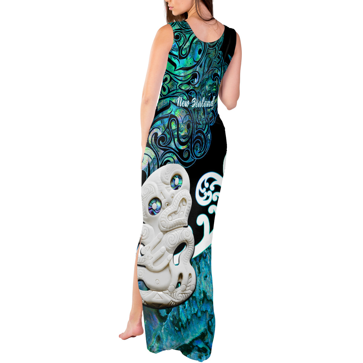 Aotearoa New Zealand Tank Maxi Dress Paua Shell Fern Koru With Maori Hei Tiki LT05 - Polynesian Pride