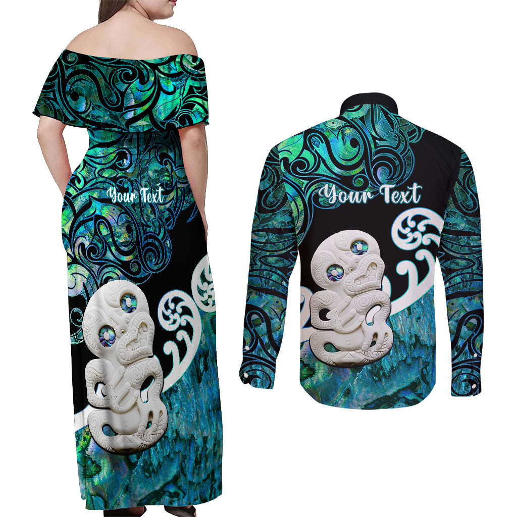 Personalized Aotearoa New Zealand Couples Matching Off Shoulder Maxi Dress and Long Sleeve Button Shirts Paua Shell Fern Koru With Maori Hei Tiki LT05 - Polynesian Pride