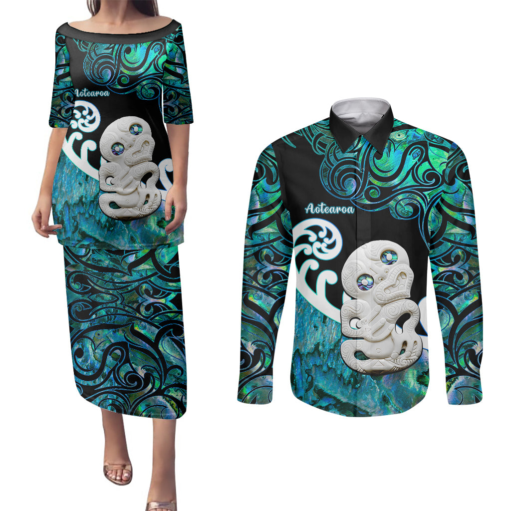 Personalized Aotearoa New Zealand Couples Matching Puletasi Dress and Long Sleeve Button Shirts Paua Shell Fern Koru With Maori Hei Tiki LT05 Green - Polynesian Pride