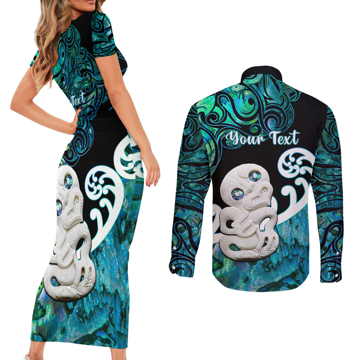 Personalized Aotearoa New Zealand Couples Matching Short Sleeve Bodycon Dress and Long Sleeve Button Shirts Paua Shell Fern Koru With Maori Hei Tiki LT05 - Polynesian Pride