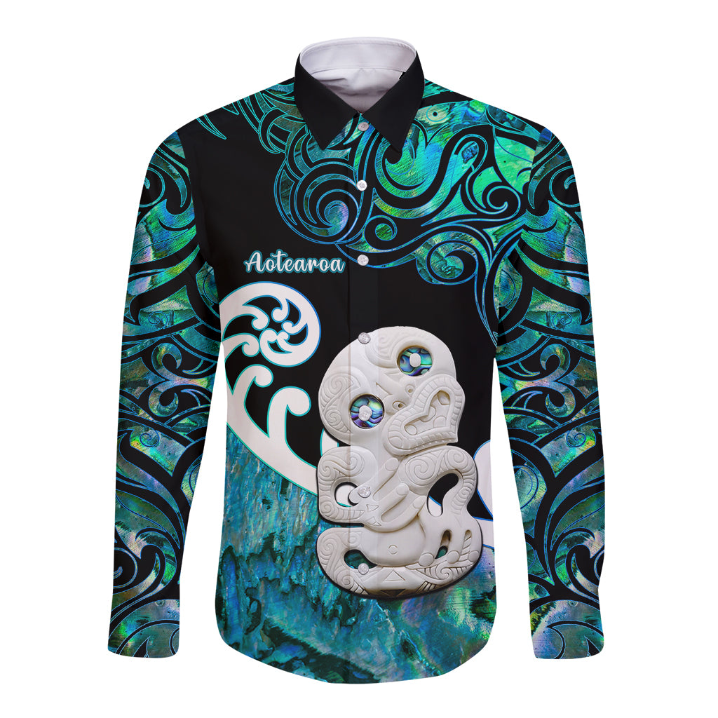 Personalized Aotearoa New Zealand Long Sleeve Button Shirt Paua Shell Fern Koru With Maori Hei Tiki LT05 Unisex Green - Polynesian Pride