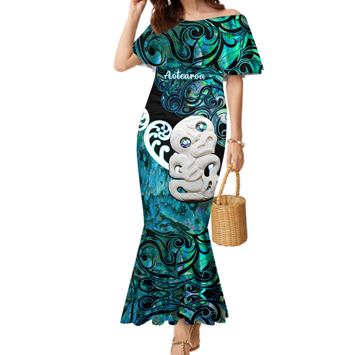 Personalized Aotearoa New Zealand Mermaid Dress Paua Shell Fern Koru With Maori Hei Tiki LT05 Women Green - Polynesian Pride