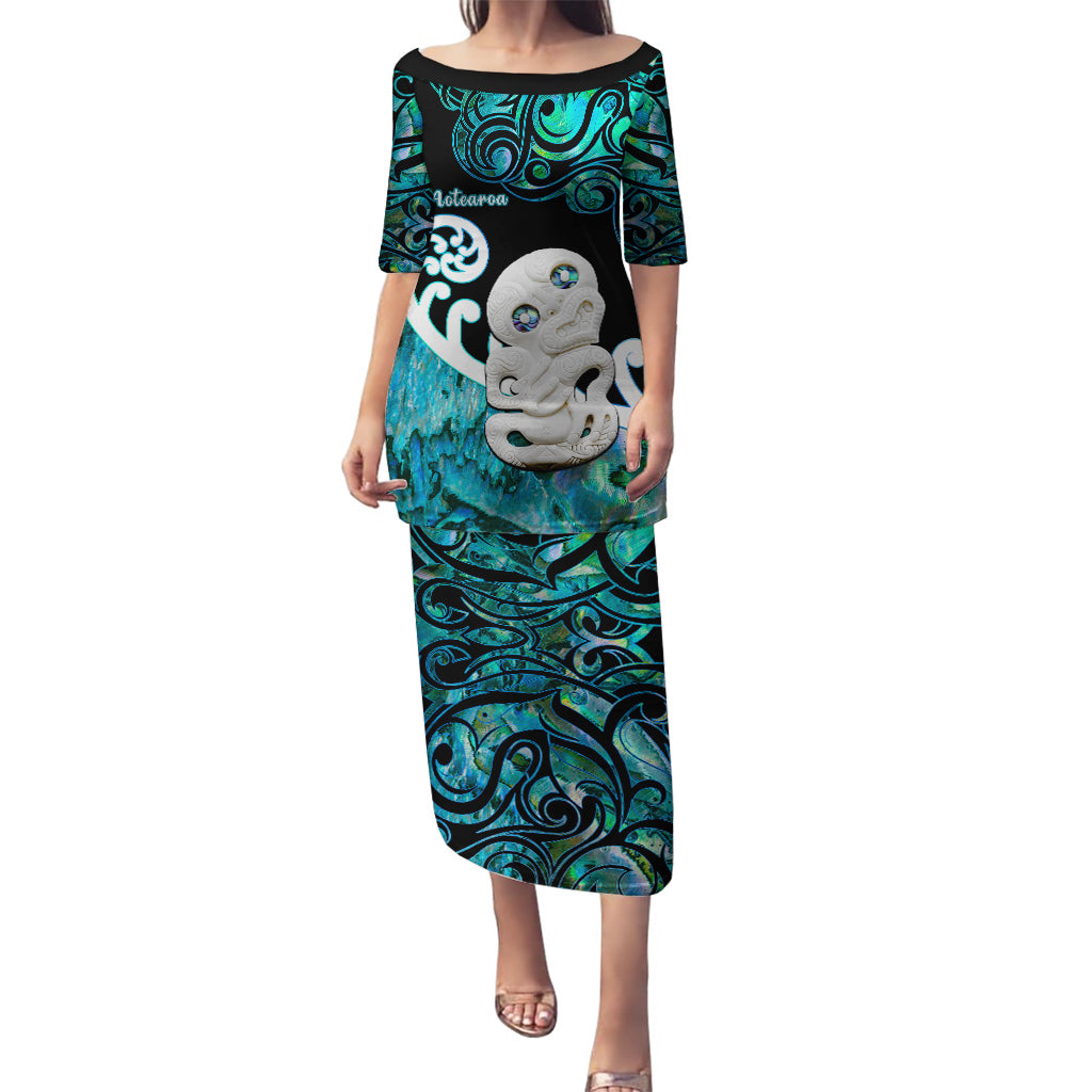 Personalized Aotearoa New Zealand Puletasi Paua Shell Fern Koru With Maori Hei Tiki LT05 Long Dress Green - Polynesian Pride