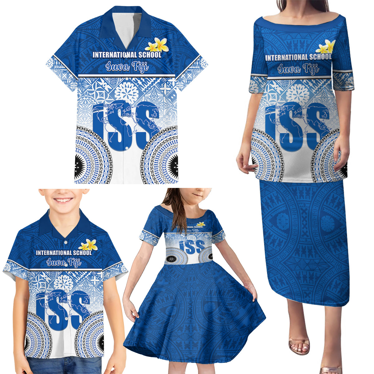 Personalized International School Suva Family Matching Puletasi Dress and Hawaiian Shirt With Fijian Tapa Pattern LT05 - Polynesian Pride