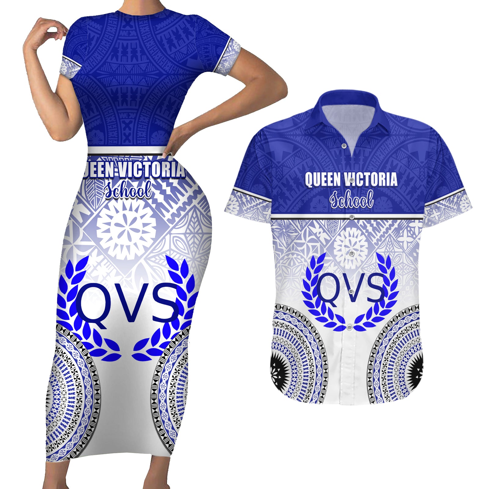 personalized-queen-victoria-school-couples-matching-short-sleeve-bodycon-dress-and-hawaiian-shirt-with-fijian-tapa-pattern