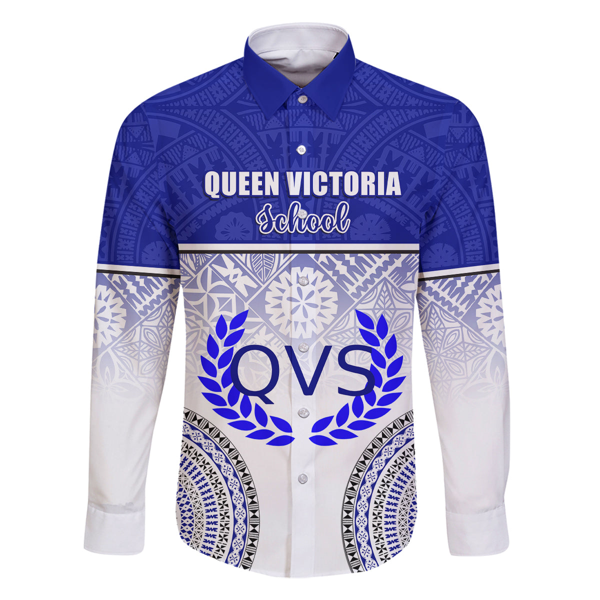 Personalized Queen Victoria School Family Matching Long Sleeve Bodycon Dress and Hawaiian Shirt With Fijian Tapa Pattern LT05 Dad's Shirt - Long Sleeve Blue - Polynesian Pride