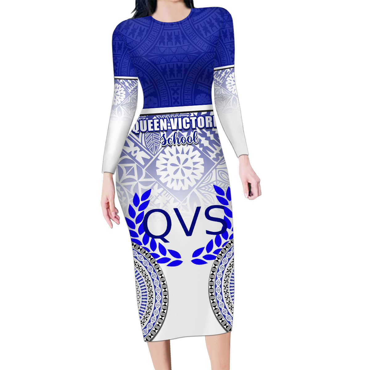 Personalized Queen Victoria School Family Matching Long Sleeve Bodycon Dress and Hawaiian Shirt With Fijian Tapa Pattern LT05 Mom's Dress Blue - Polynesian Pride