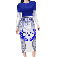 Personalized Queen Victoria School Family Matching Long Sleeve Bodycon Dress and Hawaiian Shirt With Fijian Tapa Pattern LT05 Mom's Dress Blue - Polynesian Pride