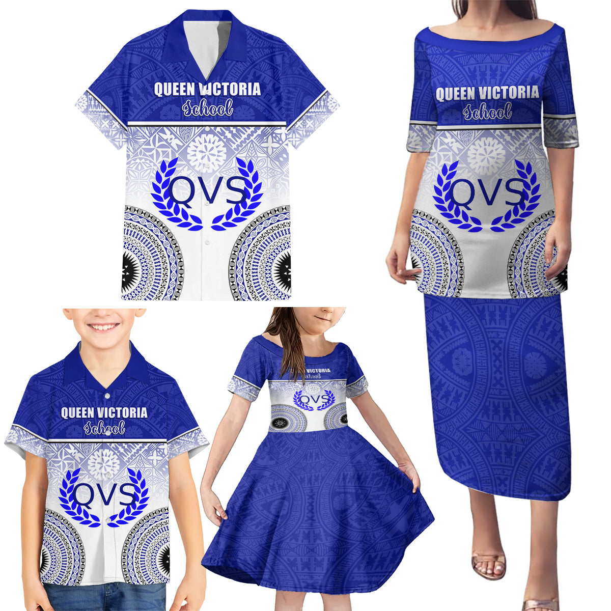 Personalized Queen Victoria School Family Matching Puletasi Dress and Hawaiian Shirt With Fijian Tapa Pattern LT05 - Polynesian Pride