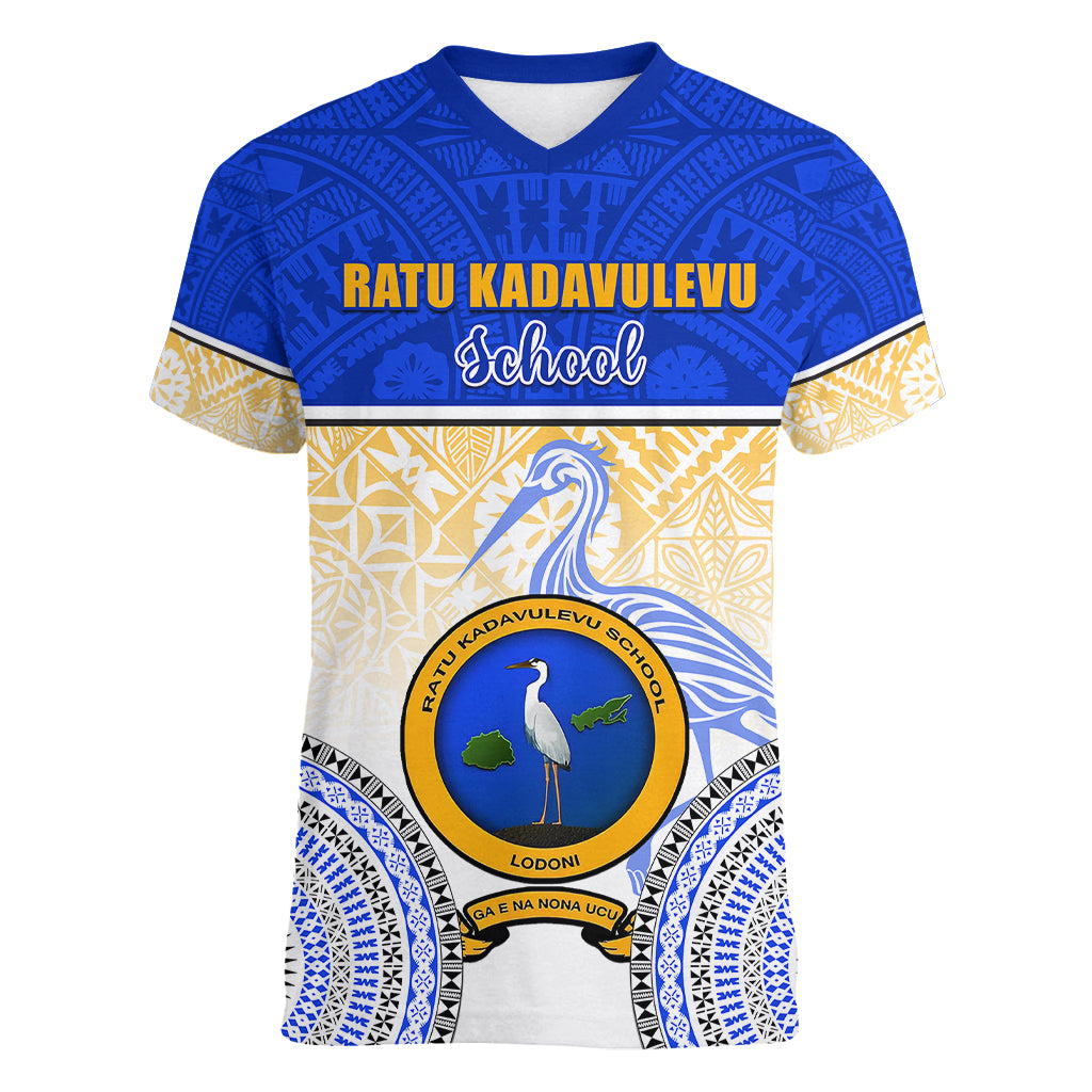 Personalized Ratu Kadavulevu School Women V Neck T Shirt With Fijian Tapa Pattern LT05 Female Blue - Polynesian Pride