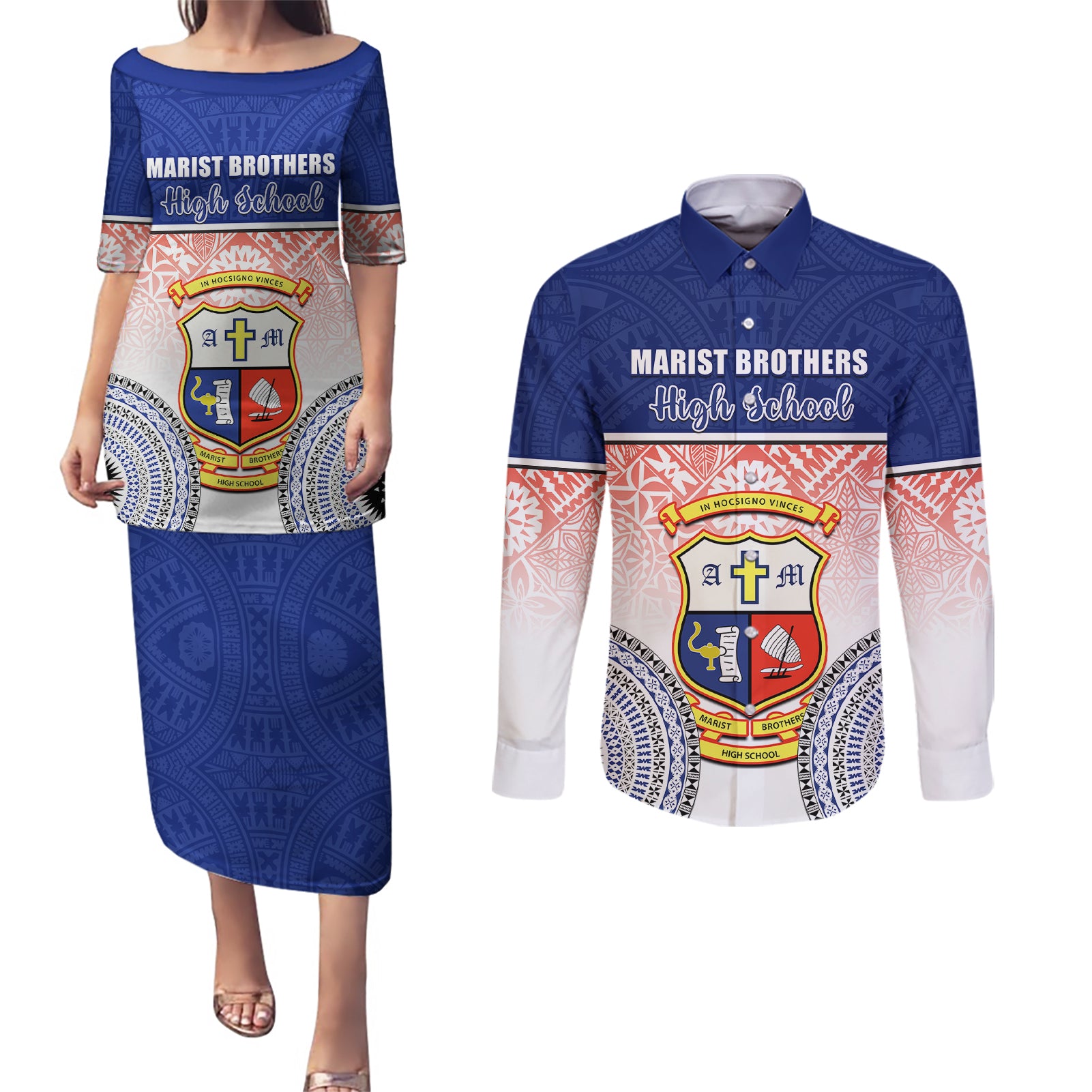 personalized-marist-brothers-high-school-couples-matching-puletasi-dress-and-long-sleeve-button-shirts-with-fijian-tapa-pattern