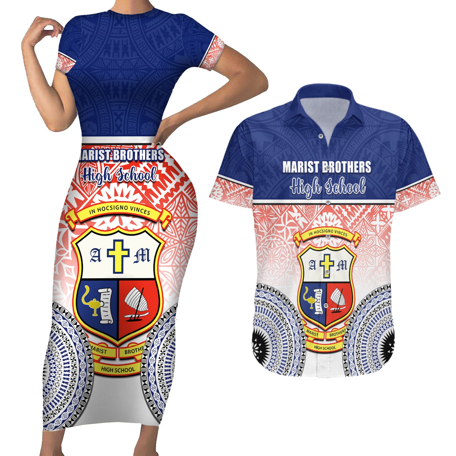 personalized-marist-brothers-high-school-couples-matching-short-sleeve-bodycon-dress-and-hawaiian-shirt-with-fijian-tapa-pattern