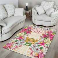 Hawaii Palaka Area Rug Yellow Tribal Pattern With Tropical Flowers - Polynesian Pride