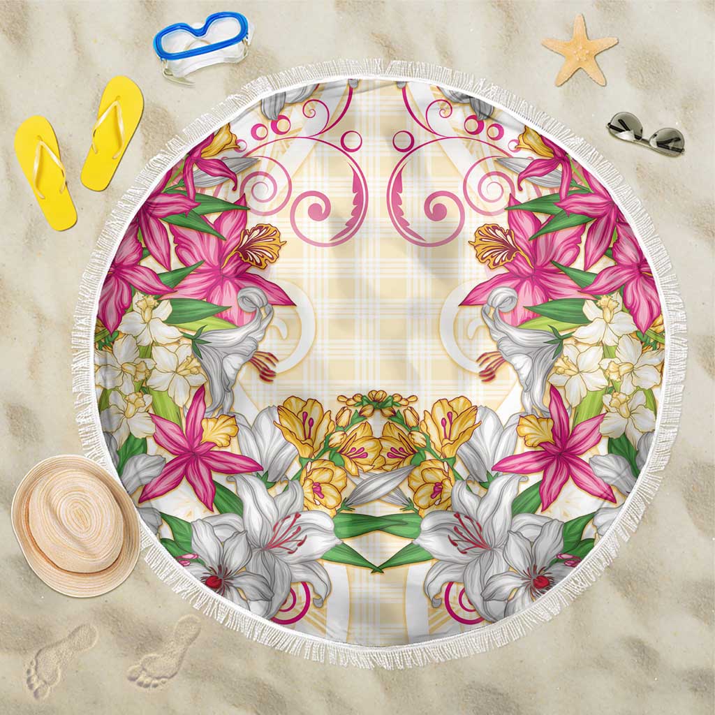 Hawaii Palaka Beach Blanket Yellow Tribal Pattern With Tropical Flowers - Polynesian Pride