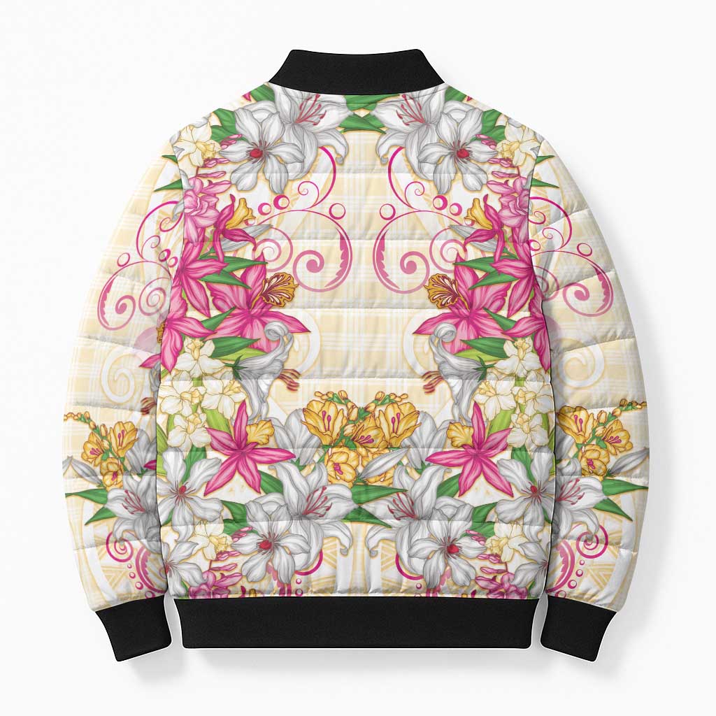 Hawaii Palaka Bomber Puffer Jacket Yellow Tribal Pattern With Tropical Flowers - Polynesian Pride