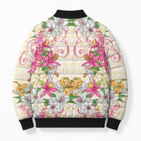 Hawaii Palaka Bomber Puffer Jacket Yellow Tribal Pattern With Tropical Flowers - Polynesian Pride