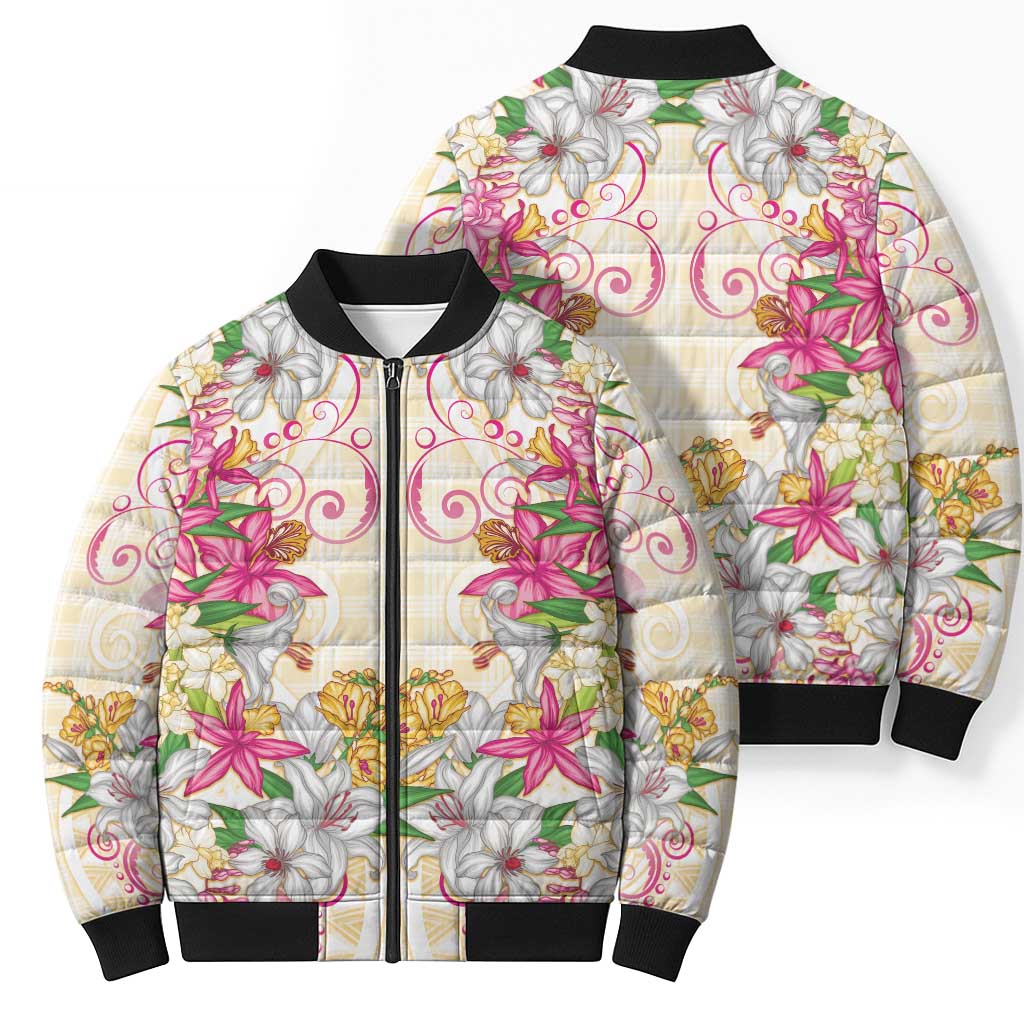 Hawaii Palaka Bomber Puffer Jacket Yellow Tribal Pattern With Tropical Flowers - Polynesian Pride
