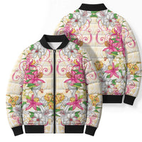 Hawaii Palaka Bomber Puffer Jacket Yellow Tribal Pattern With Tropical Flowers - Polynesian Pride