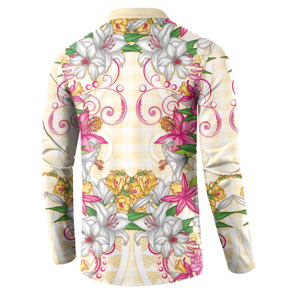 Hawaii Palaka Button Sweatshirt Yellow Tribal Pattern With Tropical Flowers - Polynesian Pride