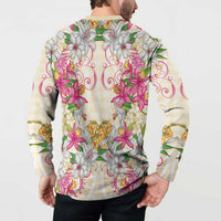 Hawaii Palaka Button Sweatshirt Yellow Tribal Pattern With Tropical Flowers - Polynesian Pride