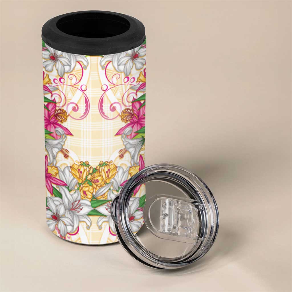 Hawaii Palaka 4 in 1 Can Cooler Tumbler Yellow Tribal Pattern With Tropical Flowers - Polynesian Pride