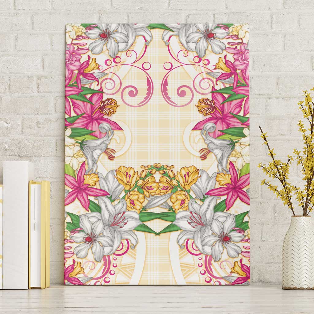 Hawaii Palaka Canvas Wall Art Yellow Tribal Pattern With Tropical Flowers - Polynesian Pride