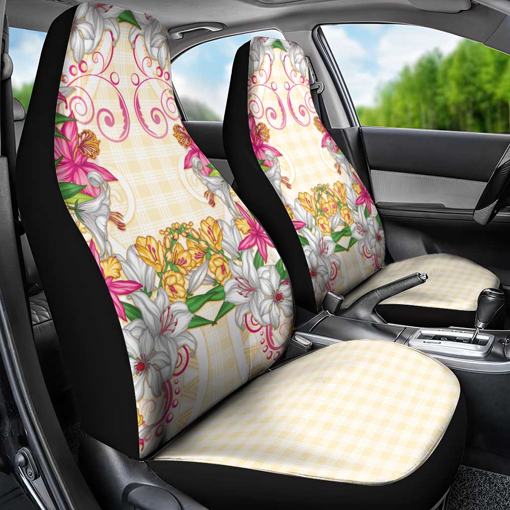 Hawaii Palaka Car Seat Cover Yellow Tribal Pattern With Tropical Flowers - Polynesian Pride